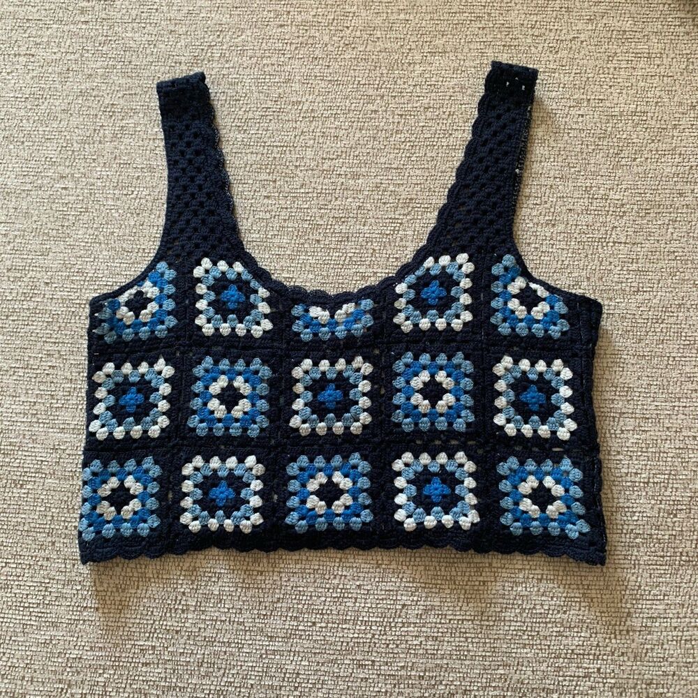 Sincerely Jules Shirt Womens M Blue Granny Square Crochet Crop Tank Top